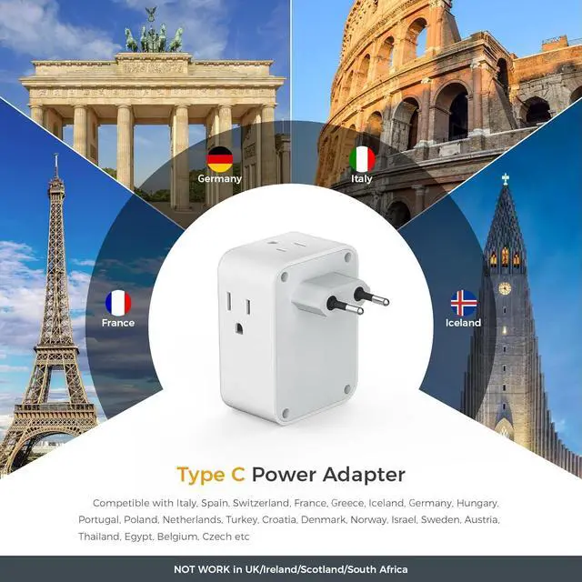 Alt view image 2 of 7 - European Travel Plug Adapter 2 Packs, TESSAN Europe International Power Adaptor with 4 Outlets 3 USB Charging Ports (1 USB C), Type C Plug for Germany Iceland Spain Italy France