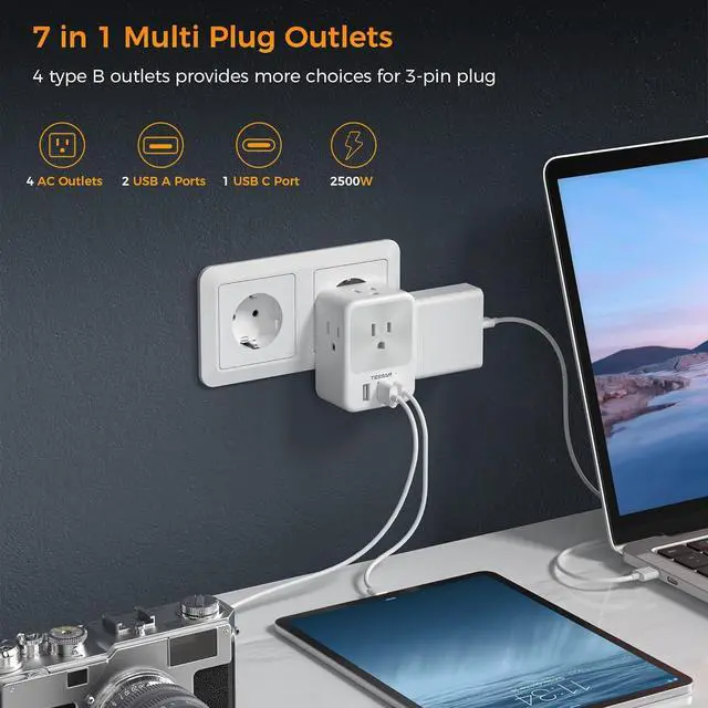Alt view image 3 of 7 - European Travel Plug Adapter 2 Packs, TESSAN Europe International Power Adaptor with 4 Outlets 3 USB Charging Ports (1 USB C), Type C Plug for Germany Iceland Spain Italy France