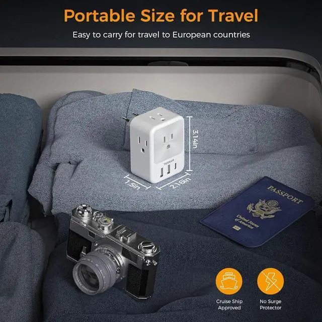 Alt view image 5 of 7 - European Travel Plug Adapter 2 Packs, TESSAN Europe International Power Adaptor with 4 Outlets 3 USB Charging Ports (1 USB C), Type C Plug for Germany Iceland Spain Italy France