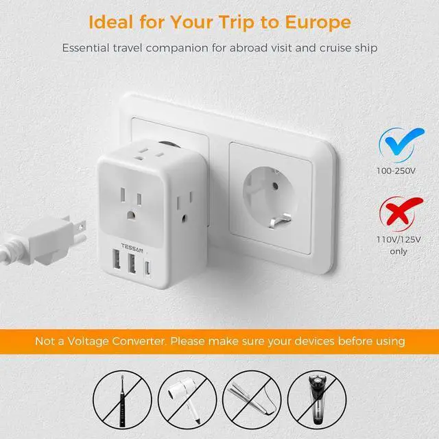 Alt view image 6 of 7 - European Travel Plug Adapter 2 Packs, TESSAN Europe International Power Adaptor with 4 Outlets 3 USB Charging Ports (1 USB C), Type C Plug for Germany Iceland Spain Italy France