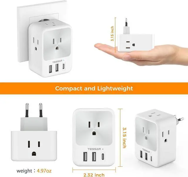 Alt view image 7 of 7 - European Travel Plug Adapter 2 Packs, TESSAN Europe International Power Adaptor with 4 Outlets 3 USB Charging Ports (1 USB C), Type C Plug for Germany Iceland Spain Italy France