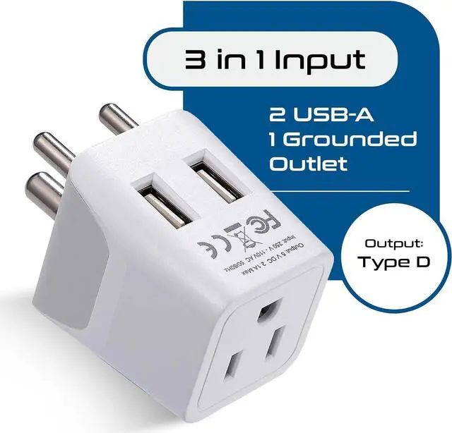 Alt view image 2 of 7 - Ceptics India, Nepal, Bangladesh Travel Adapter Plug with Dual USB - Type D - Usa Input - Ultra Compact - Safe Grounded Perfect for Cell Phones, Laptops, Camera (CTU-10)