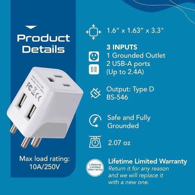 Alt view image 3 of 7 - Ceptics India, Nepal, Bangladesh Travel Adapter Plug with Dual USB - Type D - Usa Input - Ultra Compact - Safe Grounded Perfect for Cell Phones, Laptops, Camera (CTU-10)
