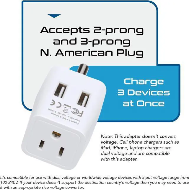 Alt view image 5 of 7 - Ceptics India, Nepal, Bangladesh Travel Adapter Plug with Dual USB - Type D - Usa Input - Ultra Compact - Safe Grounded Perfect for Cell Phones, Laptops, Camera (CTU-10)