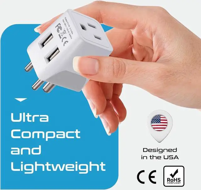Alt view image 6 of 7 - Ceptics India, Nepal, Bangladesh Travel Adapter Plug with Dual USB - Type D - Usa Input - Ultra Compact - Safe Grounded Perfect for Cell Phones, Laptops, Camera (CTU-10)