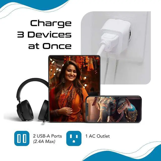 Alt view image 7 of 7 - Ceptics India, Nepal, Bangladesh Travel Adapter Plug with Dual USB - Type D - Usa Input - Ultra Compact - Safe Grounded Perfect for Cell Phones, Laptops, Camera (CTU-10)