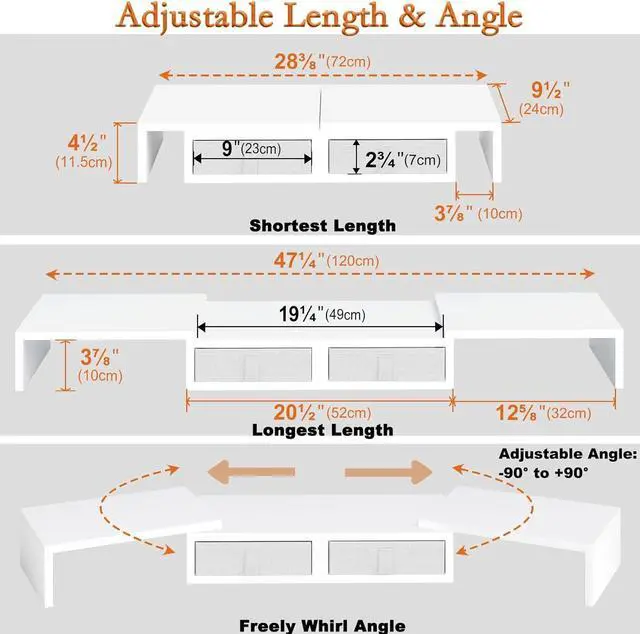 Alt view image 5 of 7 - TEAMIX Dual Monitor Stand Riser - Length and Angle Adjustable White Monitor Stand with 2 Drawers to Storage Large Computer Riser for 2 Monitors/Laptop/PC, Wood Screen/TV Stand Desk Organizer