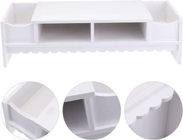 Alt view image 3 of 7 - STOBOK Monitor Stand with Drawer Laptop PC Monitor Riser Rack Holder Desk Organizer Tabletop Storage Cabinet Wooden White
