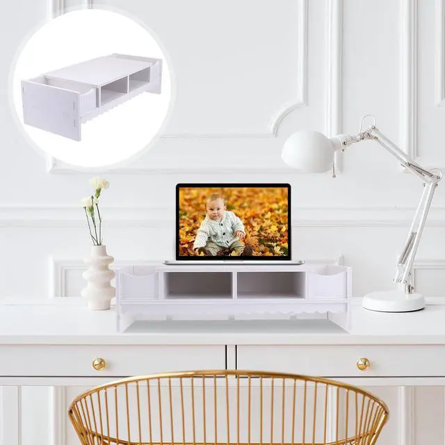 Alt view image 4 of 7 - STOBOK Monitor Stand with Drawer Laptop PC Monitor Riser Rack Holder Desk Organizer Tabletop Storage Cabinet Wooden White