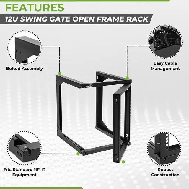 Alt view image 2 of 6 - NavePoint 12U Wall Mount Server Rack - Swing Gate Open Frame for 19-Inch IT Equipment - Network Rack for AV & Server Equipment, 24" Deep, Black