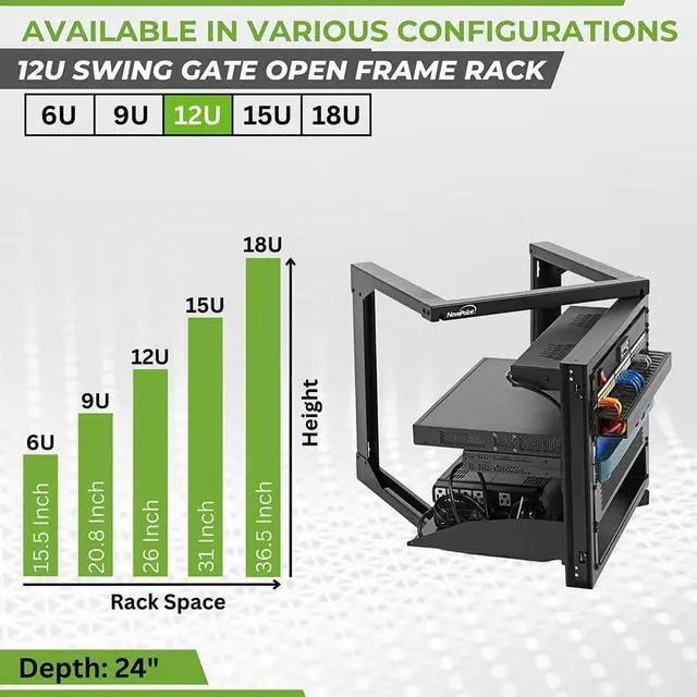 Alt view image 3 of 6 - NavePoint 12U Wall Mount Server Rack - Swing Gate Open Frame for 19-Inch IT Equipment - Network Rack for AV & Server Equipment, 24" Deep, Black