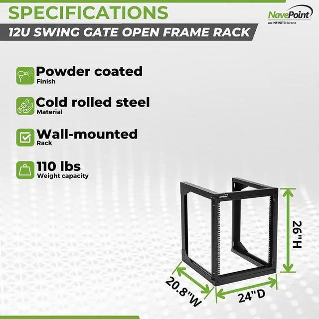 Alt view image 4 of 6 - NavePoint 12U Wall Mount Server Rack - Swing Gate Open Frame for 19-Inch IT Equipment - Network Rack for AV & Server Equipment, 24" Deep, Black
