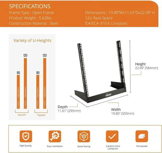 Alt view image 2 of 6 - 2 Post 12U Desktop Server Rack Small Open Frame Rack for 19in AV/Data/Audio/Studio Equipment Free Standing Home/Office Rack,Square Hole