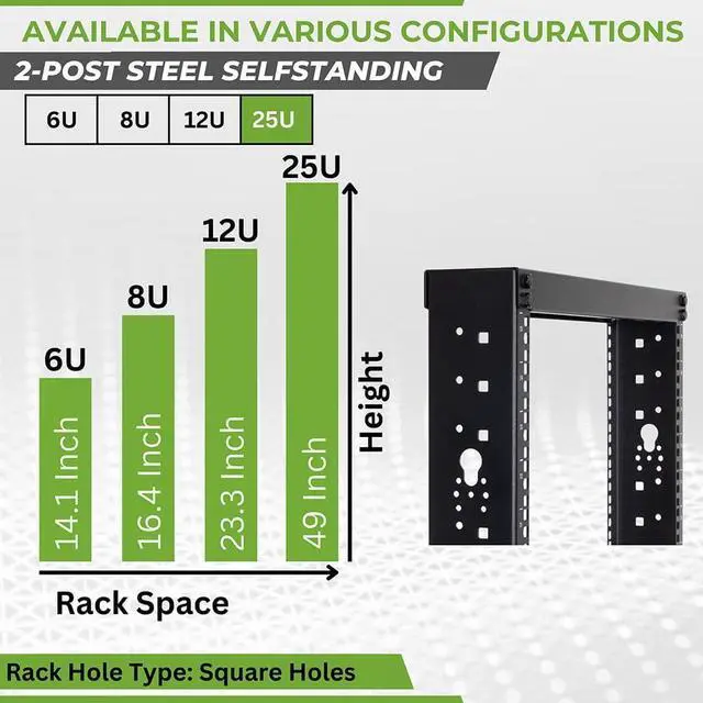 Alt view image 3 of 6 - NavePoint 25U 2 Post Open Frame Server Rack for 19 Inch Equipment, AV, Networking, Data & IT Devices, 2-Post Rack 25U 881lbs Weight Capacity, Black