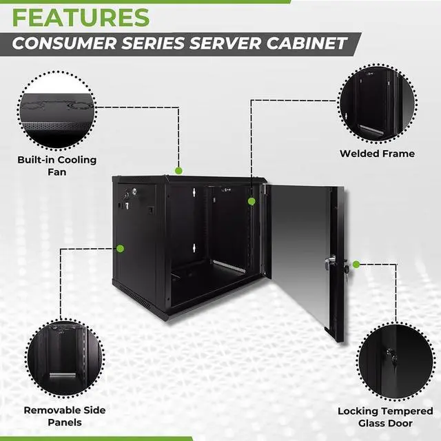 Alt view image 2 of 6 - NavePoint 9U Server Rack Enclosure with Glass Door, Cooling Fan, Locks, & Removable Side Panels - 9U Wall Mount Network Cabinet 19 Inch Rack 17.7 Inches Deep