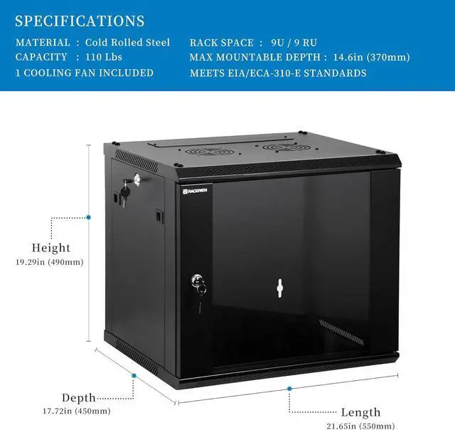Alt view image 2 of 7 - 9U Performance Wall Mount Server Cabinet Network Rack Enclosure, Quiet Cooling Fan, Locking Glass Door, Black