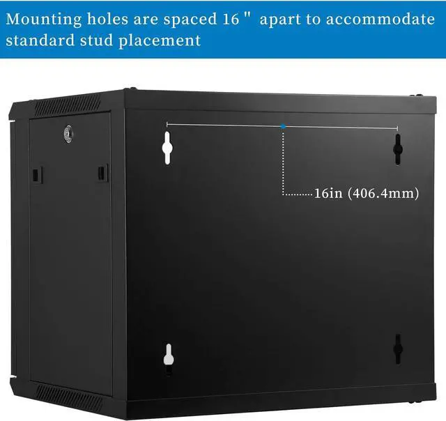 Alt view image 4 of 7 - 9U Performance Wall Mount Server Cabinet Network Rack Enclosure, Quiet Cooling Fan, Locking Glass Door, Black