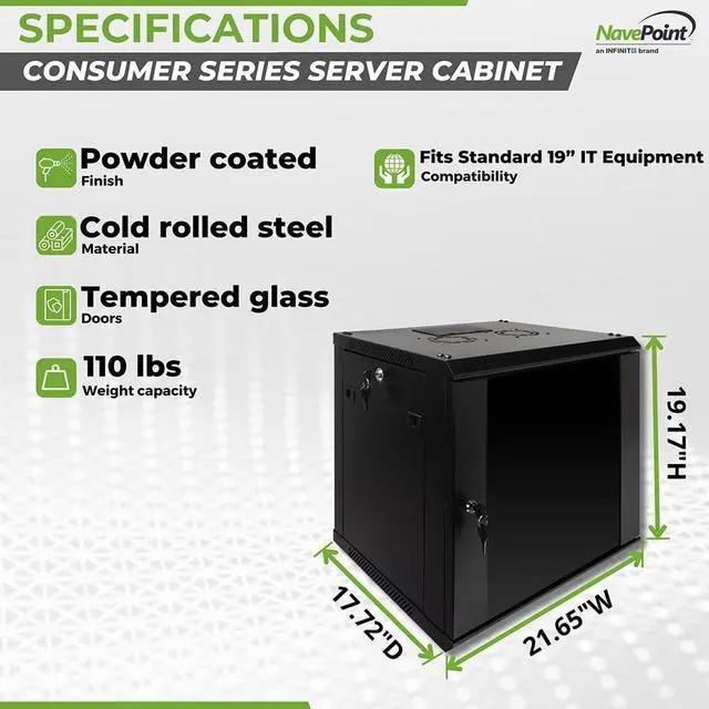 Alt view image 4 of 6 - NavePoint 9U Server Rack Enclosure with Glass Door, Cooling Fan, Locks, & Removable Side Panels - 9U Wall Mount Network Cabinet 19 Inch Rack 17.7 Inches Deep