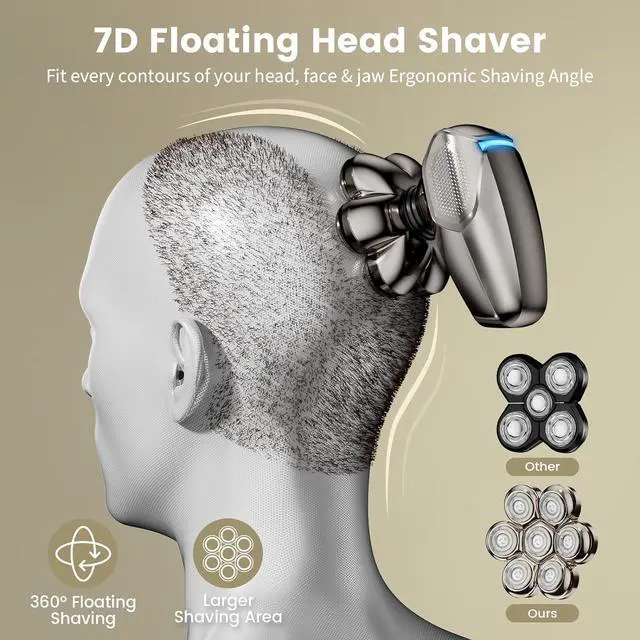 Alt view image 3 of 7 - 7D Head Shavers for Bald Men, SHPAVVER Detachable Head Shaver LED Display Dry/Wet Bald Head Shavers for Men, IPX7 Waterproof Head Shavers for Men with Type-C Charge