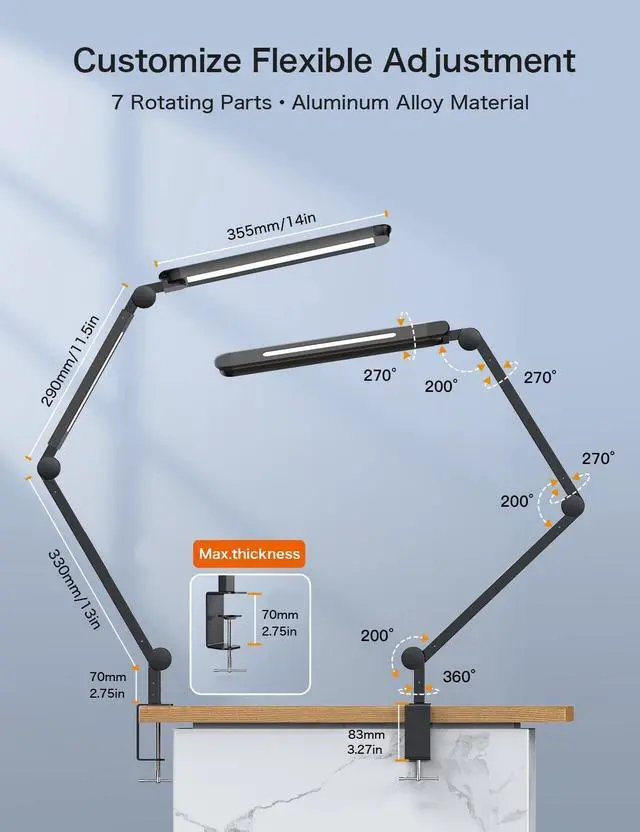 Alt view image 6 of 7 - Sky LED Desk Lamp with Remote Control - Three Light Sources24WAjustable Atmosphere Lighting - Flexible Swing Arm, 4 Color Modes & 4 Brightness, Architect Desk Lamp with Clamp for Home Office