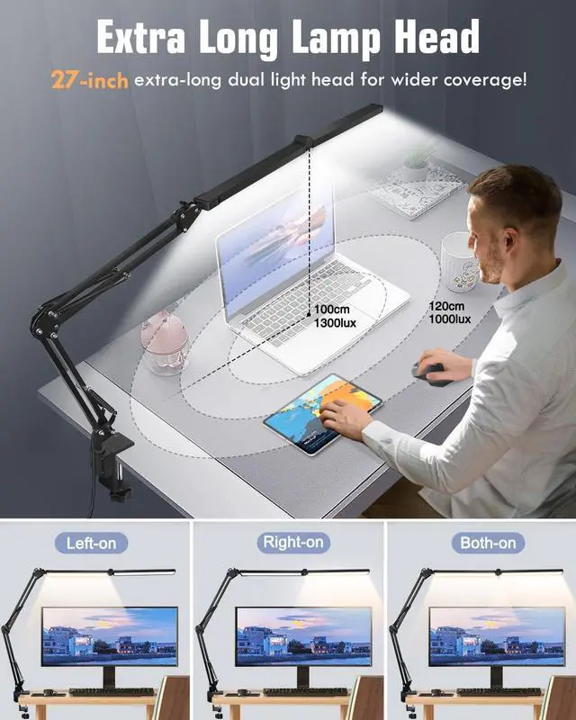 Alt view image 2 of 7 - Toolour LED Desk Lamps for Home Office 2 in 1 Large Double Head Desk Lamp with Clamp & Base, Remote Control, Dimmable Architect Clip on Desktop Light Bar with Memory for Working, Crafting, Studying