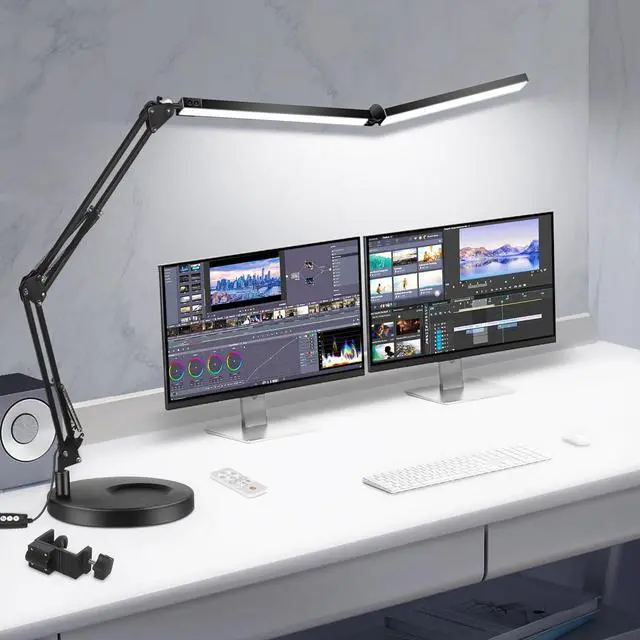 Main image of Toolour LED Desk Lamps for Home Office 2 in 1 Large Double Head Desk Lamp with Clamp & Base, Remote Control, Dimmable Architect Clip on Desktop Light Bar with Memory for Working, Crafting, Studying