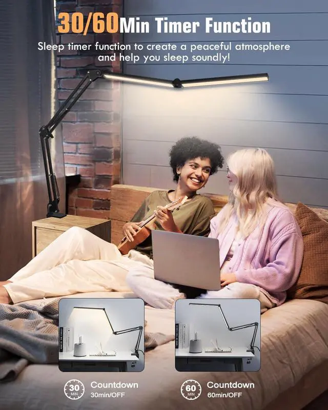Alt view image 5 of 7 - Toolour LED Desk Lamps for Home Office 2 in 1 Large Double Head Desk Lamp with Clamp & Base, Remote Control, Dimmable Architect Clip on Desktop Light Bar with Memory for Working, Crafting, Studying
