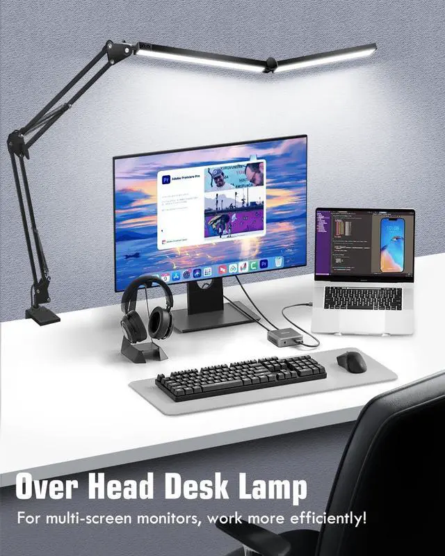 Alt view image 7 of 7 - Toolour LED Desk Lamps for Home Office 2 in 1 Large Double Head Desk Lamp with Clamp & Base, Remote Control, Dimmable Architect Clip on Desktop Light Bar with Memory for Working, Crafting, Studying