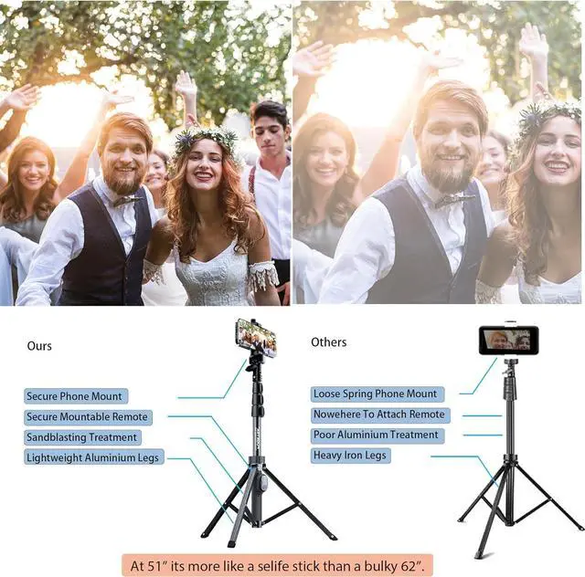 Alt view image 3 of 7 - Fugetek 51" Professional Selfie Stick Tripod, 100% All Aluminum Stick & Legs, Lightweight, Detachable Bluetooth Remote, Portable All in One, Compatible with iPhone & Android, Non Skid Feet, Black