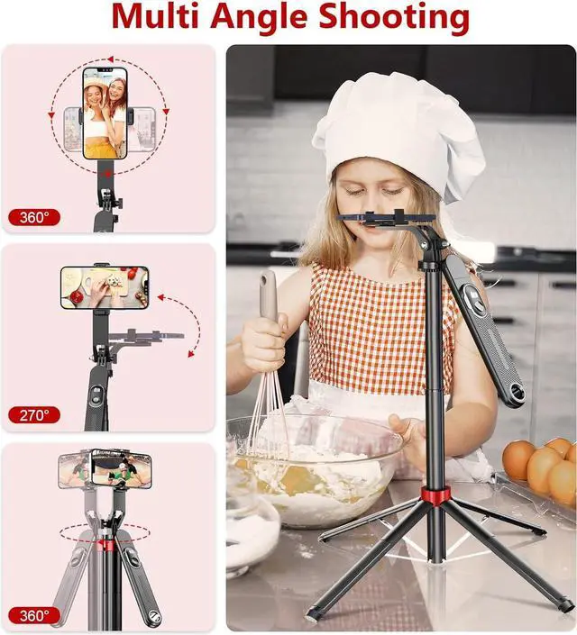 Alt view image 4 of 7 - Huryfox Selfie Stick Phone Tripod - 71 inch Tall Cell Phone Holder with Detachable Wireless Remote, Phone Stand for Recording, Video and Picture, Compatible with iPhone, Android Phone, Camera & Gopro