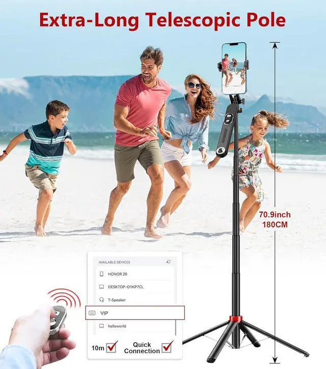 Alt view image 5 of 7 - Selfie Stick Phone Tripod - 71 inch Tall Cell Phone Holder with Detachable Wireless Remote, Phone Stand for Recording, Video and Picture, Compatible with iPhone, Android Phone, Camera & Gopro