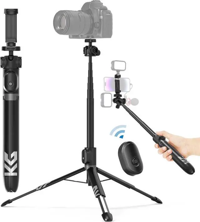 Main image of KraftGeek Vlogging Tripod for iPhone & Camera, 60 Phone Tripod Stand | 3 Cold Shoes, Phone & Camera Tripod, 1/4" Mount, 360° Ball Head, Extendable Legs, Remote for Video Recording & Vlogging