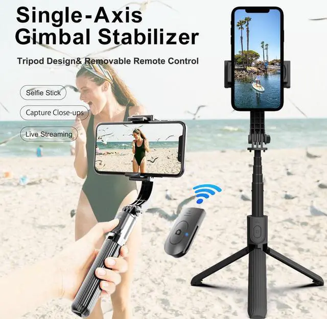 Alt view image 2 of 6 - Gimbal Stabilizer for Smartphone Selfie Stick Tripod with Remote Control Auto Balance 360° Rotation 1-Axis Phone Gimbal for Group Selfies Live Streaming Video Recording