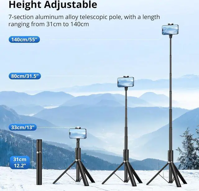 Alt view image 4 of 7 - SYNCWIRE 55" Selfie Stick Phone Tripod for iPhone, All-in-one Extendable Aluminum Selfie Stick with Remote, Travel Tripod for iPhone 17/16/15/14/13/12 Series and More Smartphones