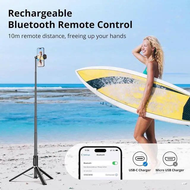 Alt view image 6 of 7 - SYNCWIRE 55" Selfie Stick Phone Tripod for iPhone, All-in-one Extendable Aluminum Selfie Stick with Remote, Travel Tripod for iPhone 17/16/15/14/13/12 Series and More Smartphones