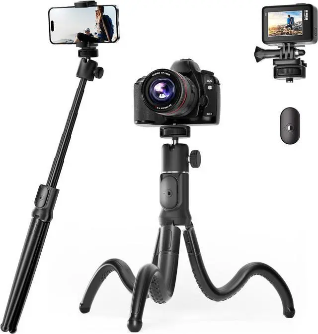 Main image of UBeesize Extendable Phone Tripod, Flexible Tripods with Remote, 3 in 1 Selfie Stick with Gopro Mount, iPhone Stand for Recording, Volgging, Live Streaming Fit for Cell Phones, Canon Sony Cameras