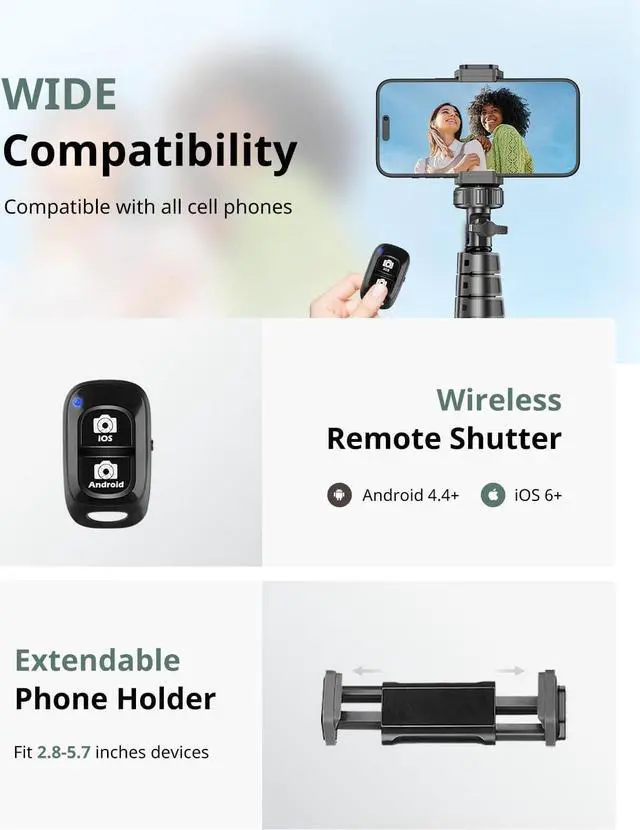 Alt view image 6 of 6 - SENSYNE 62" Phone Tripod & Selfie Stick, Extendable Cell Phone Tripod Stand with Wireless Remote and Phone Holder, Compatible with iPhone Android Phone, Camera