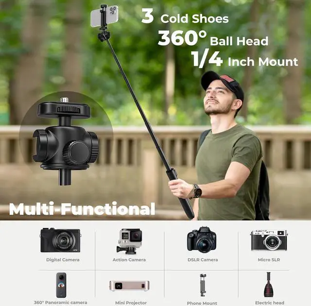 Alt view image 6 of 6 - KraftGeek Vlogging Tripod for iPhone & Camera, 60 Phone Tripod Stand | 3 Cold Shoes, Phone & Camera Tripod, 1/4" Mount, 360° Ball Head, Extendable Legs, Remote for Video Recording & Vlogging