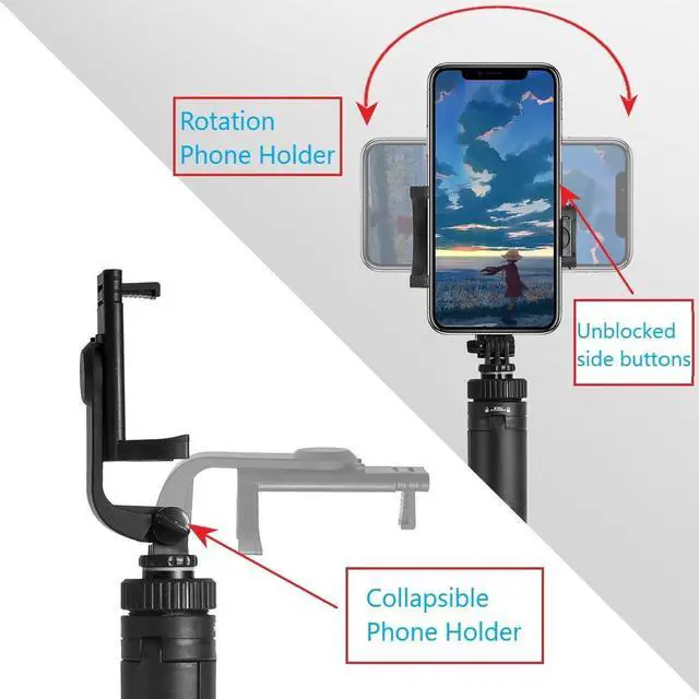 Alt view image 2 of 7 - 66" Tripod for iPhone & Camera, Portable Phone Tripod with Rechargeable Remote Control and Rotate Phone Stand, Selfie Stick for iPhone/Gopro and Cameras (Black, 66 in)