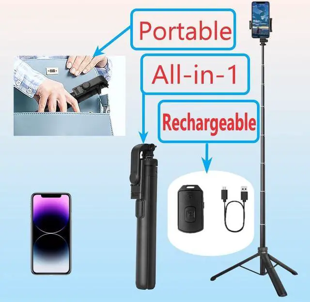 Alt view image 3 of 7 - 66" Tripod for iPhone & Camera, Portable Phone Tripod with Rechargeable Remote Control and Rotate Phone Stand, Selfie Stick for iPhone/Gopro and Cameras (Black, 66 in)