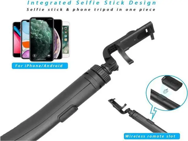 Alt view image 5 of 7 - 66" Tripod for iPhone & Camera, Portable Phone Tripod with Rechargeable Remote Control and Rotate Phone Stand, Selfie Stick for iPhone/Gopro and Cameras (Black, 66 in)