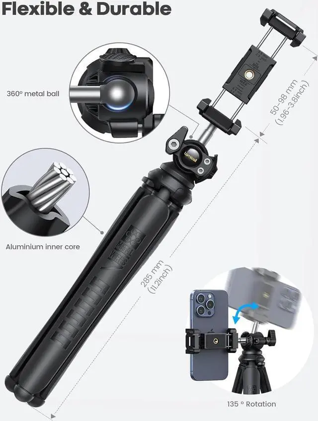 Alt view image 5 of 7 - Lamicall Tripod for iPhone - 3 in 1 Flexible Phone Tripod with Wireless Remote - iPhone Tripod Stand for Video Recording Vlogging Selfie Compatible with iPhone Samsung Go Pro, Digital Camera