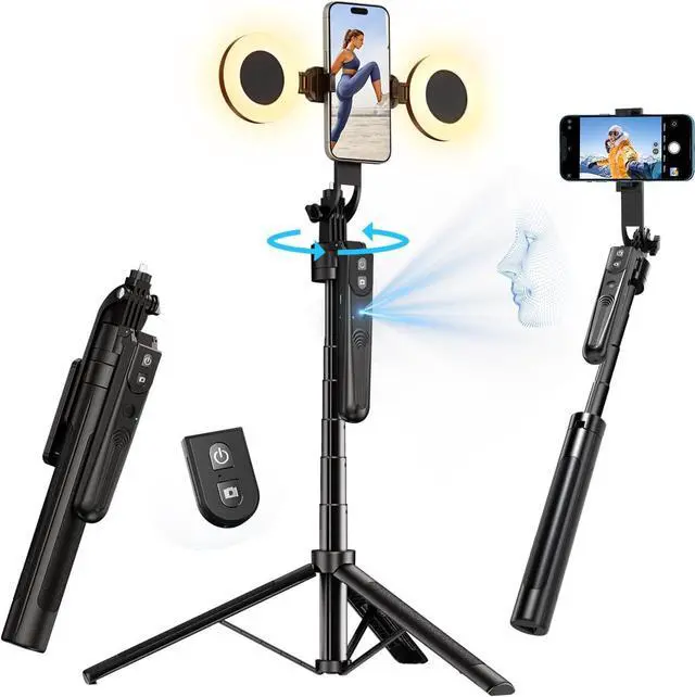 Main image of Extendable Auto Face Tracking Tripod 360° Rotation with Light, No App, 70.9" Motion Sensor Phone Tripod Stand, Face Body Phone Camera Mount Gesture Control for Vlog/Live Stream/Video Recording