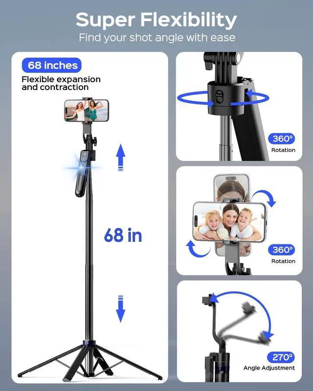 Alt view image 5 of 7 - NEMOVA 68'' Auto Face Tracking Tripod for iPhone, 360° Rotation Phone Tripod with Wireless Remote and Phone Holder, Selfie Stick for Android, Applied to YouTube, Tiktok, Facetime