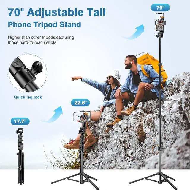 Alt view image 2 of 7 - 70" Phone Tripod with Remote & Holder, Portable Cell Phone Stand, Selfie Stick for Video Recording, Compatible with iPhone 14/13 Pro Max/Android/Camera