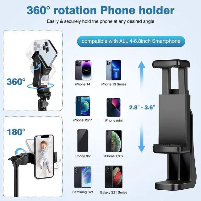 Alt view image 4 of 7 - 70" Phone Tripod with Remote & Holder, Portable Cell Phone Stand, Selfie Stick for Video Recording, Compatible with iPhone 14/13 Pro Max/Android/Camera