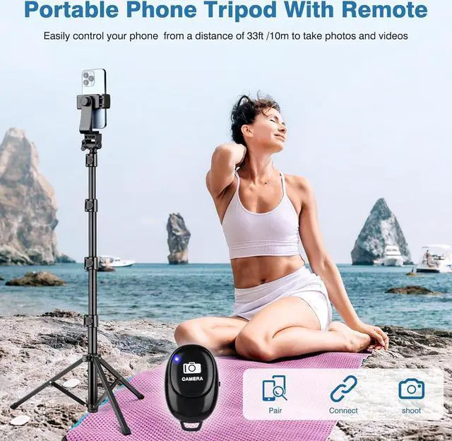Alt view image 5 of 7 - 70" Phone Tripod with Remote & Holder, Portable Cell Phone Stand, Selfie Stick for Video Recording, Compatible with iPhone 14/13 Pro Max/Android/Camera
