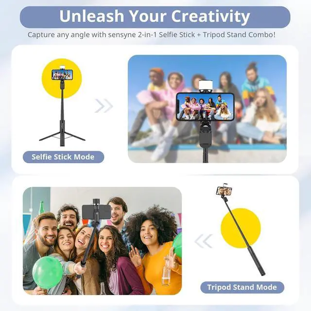 Alt view image 2 of 6 - Sensyne Selfie Stick with Light, Phone Tripod with 360° Rotatable Handle Compatible with Cellphones for Selfies/Photography/Video Calls/Live Stream/Content Creating (Black)