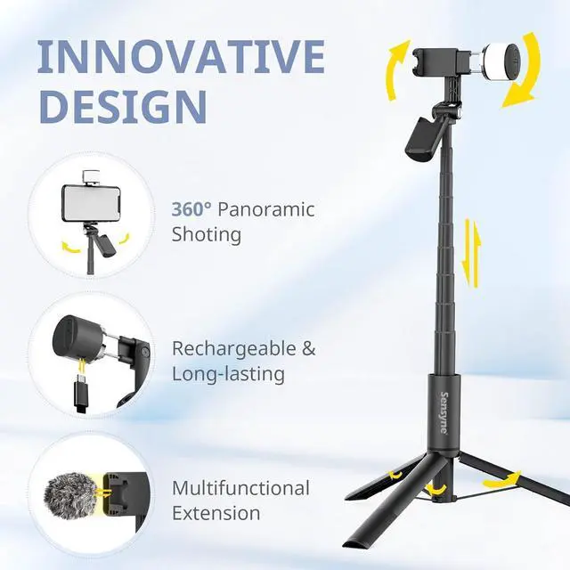 Alt view image 4 of 6 - Sensyne Selfie Stick with Light, Phone Tripod with 360° Rotatable Handle Compatible with Cellphones for Selfies/Photography/Video Calls/Live Stream/Content Creating (Black)
