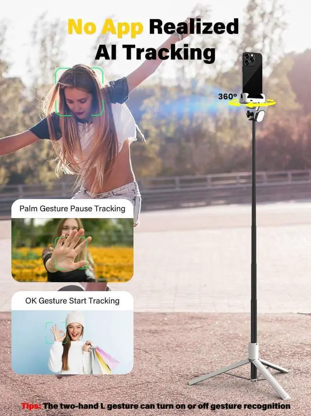Alt view image 2 of 6 - Smartphone Gimbal Stabilizer, Smart Face Tracking Tripod Without APP - 4 in 1 Cellphone Gimbal Stabilizer for iPhone&Android Extended 108cm Rod with RGB Fill Light,M2PRO White